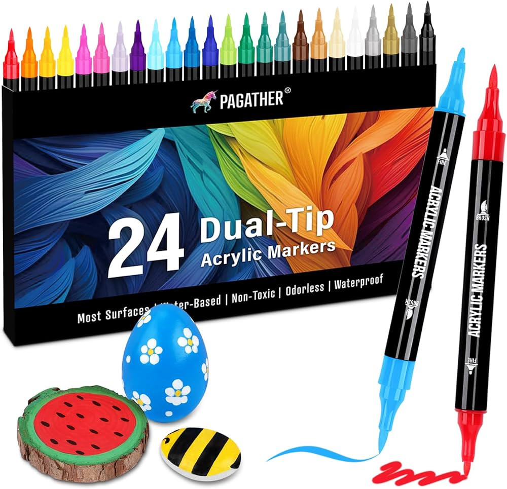24 Colors Acrylic Paint Markers, Dual Tip with Fine Tip and Brush Tip Pens for Stone, Wood, Calli... | Amazon (US)