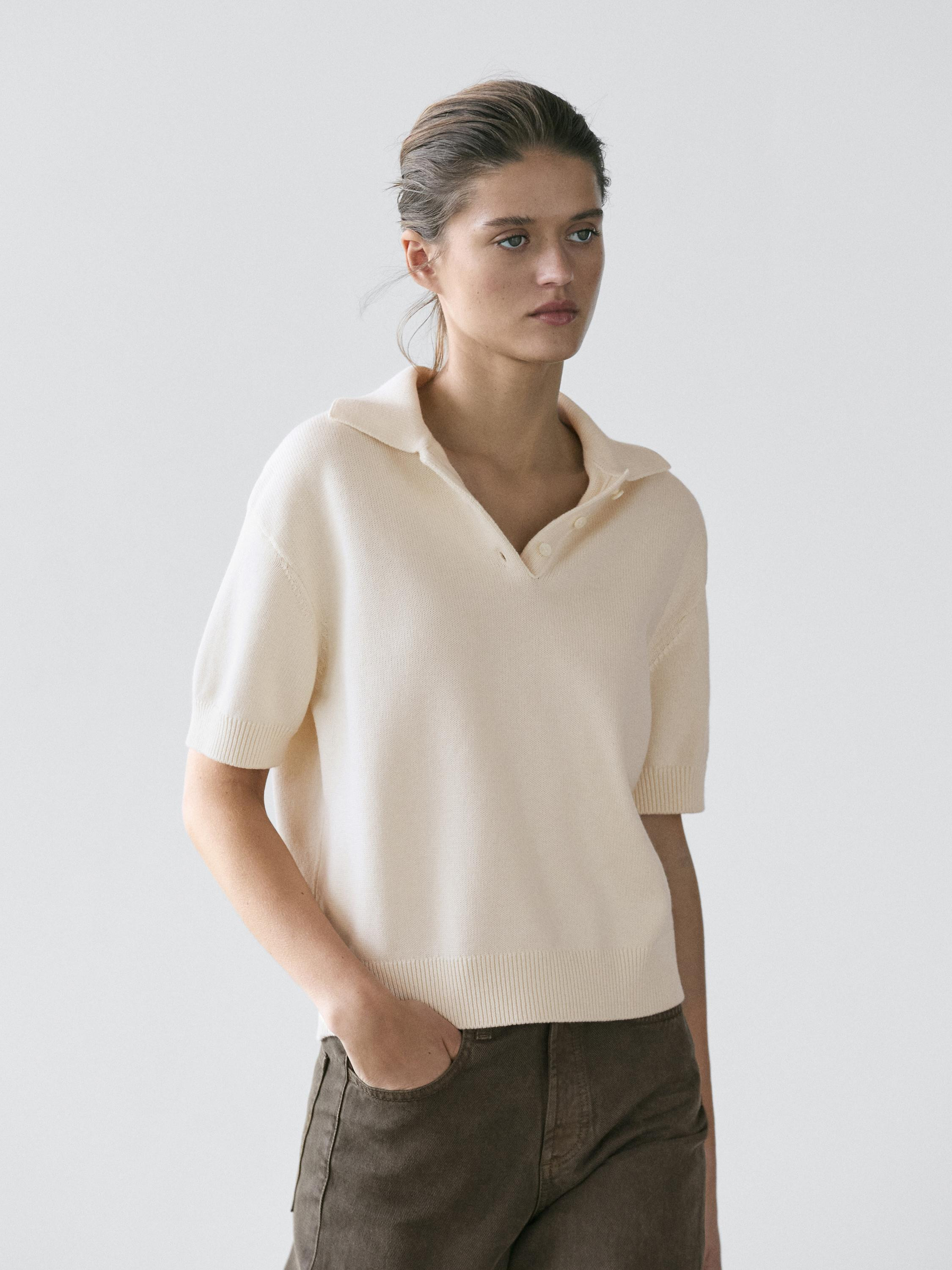 Wool blend knit polo sweater | Massimo Dutti UK