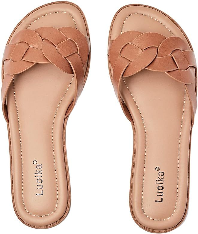 Luoika Women's Wide Width Flat Slides Sandals, Casual Comfortable Strap Sandal Summer Beach Dress Sh | Amazon (US)
