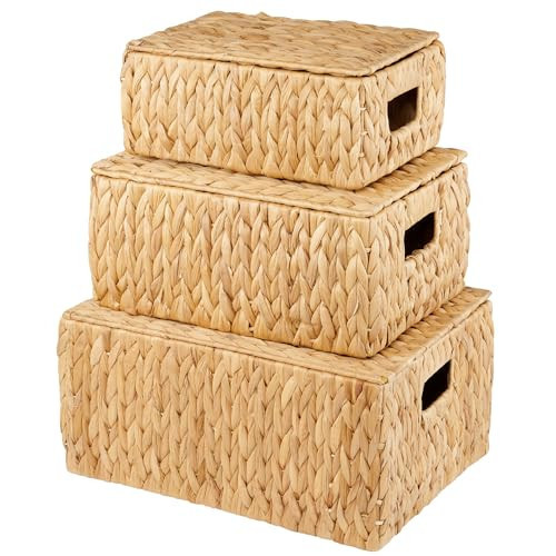 Set of 3 Wicker Baskets with Lid - Woven Storage Basket with Lid - Decorative Storage Boxes for Bathroom, Bedroom and Shelves | Amazon (US)