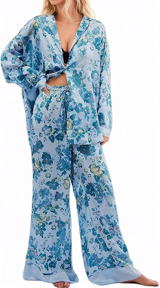 Women's 2-Piece Satin Pajama Set Floral Silk Sleepwear Set Soft Printed Oversized Pajama Lightwei... | Amazon (US)