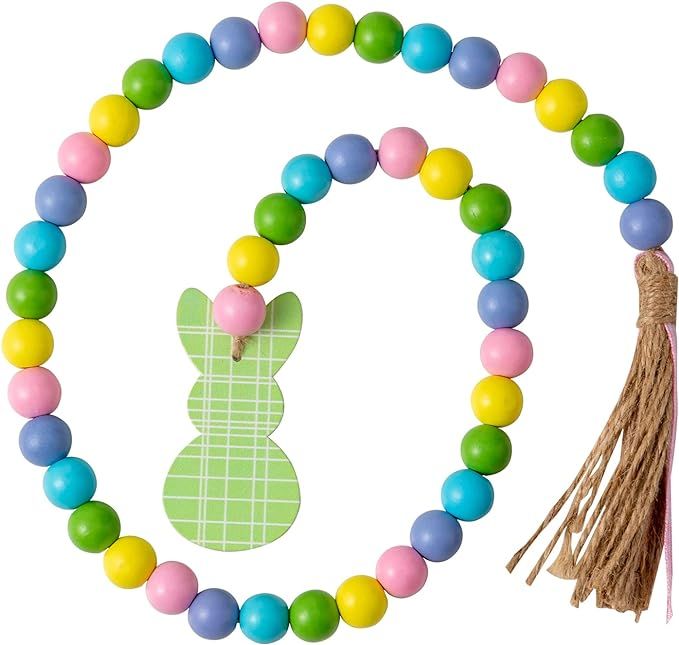 hogardeck Easter Wood Bead Garland, 33.5 inch Wooden Beads with Tassels and Bunny Tag Boho Decor ... | Amazon (US)