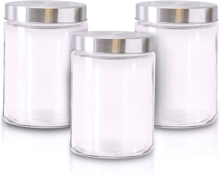 Glass Jars for Kitchen – Set of 3 Medium Food Storage Containers – 42Oz Storage Jars with Met... | Amazon (US)