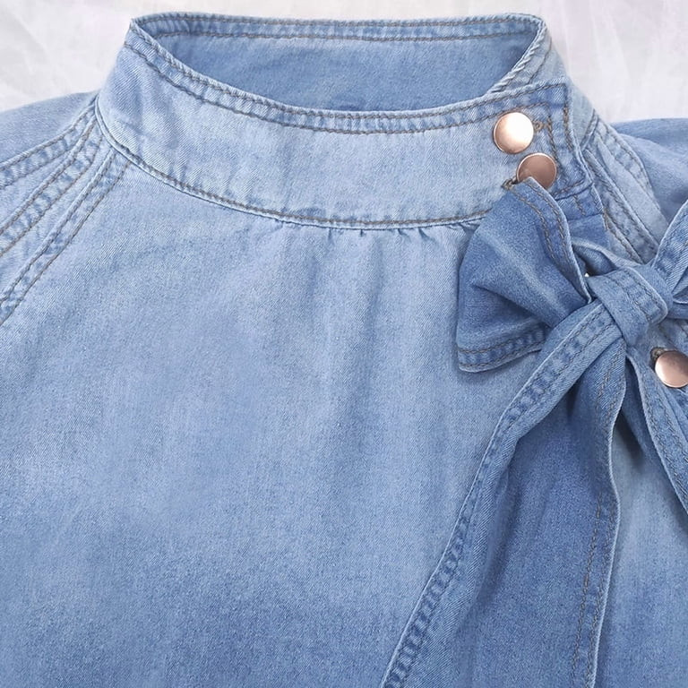 VIWORLD Women's Spring & Fall Denim Style Blouse - Puff Sleeve Design with Stand Collar & Bow Det... | Walmart (US)