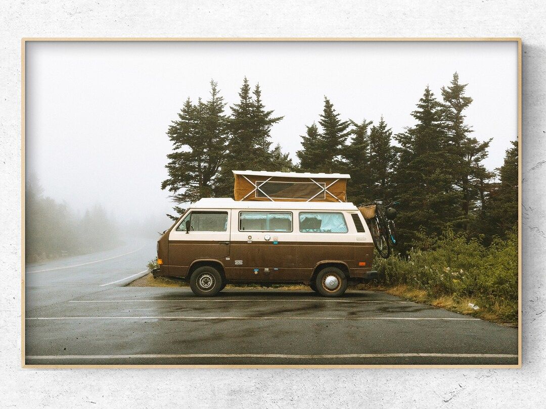 Download Printable photo of a brown retro campervan in the foggy mountains Digital Art Print | Etsy (US)