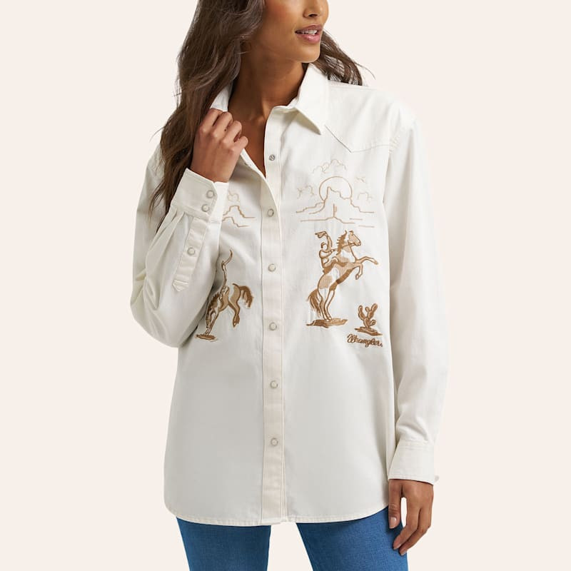 Wrangler Retro Women's White Embroidered Boyfriend Long Sleeve Pearl Snap Western Shirt - XL - From Cavender's | Cavender's