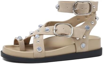 Womens Sandals Ankle Wrap Molded Footbed Flat Sandals Platform Wide Width with Rhinestone Studs B... | Amazon (US)