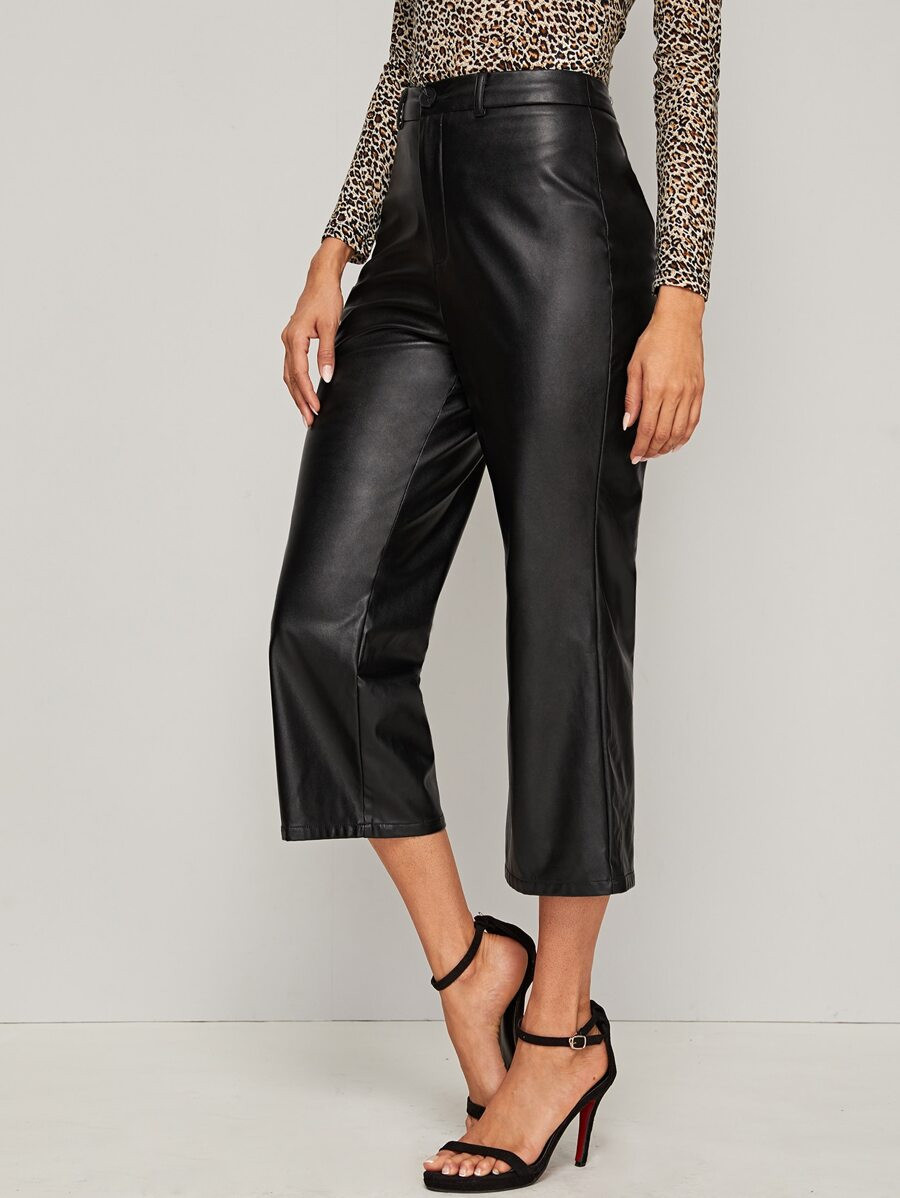 SHEIN Button Detail PU Cropped Pants | SHEIN