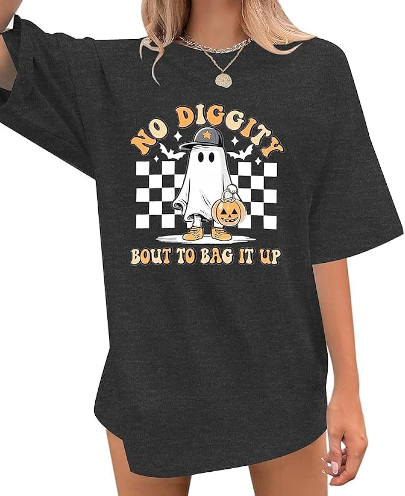 Halloween Shirts for Women Oversized Spooky: No Diggity Shirt Cute Ghost Graphic Tee Halloween Co... | Amazon (US)