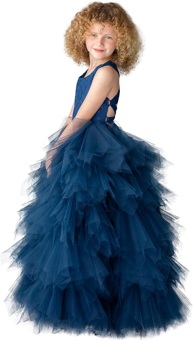 PLUVIOPHILY Cross Back Lace Tulle Ruffle Wedding Flower Girl Dress Junior Bridesmaid Dress Birthd... | Amazon (US)