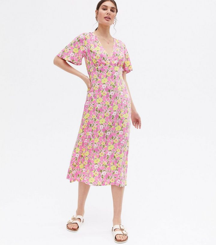 Pink Floral Flutter Sleeve Midi Wrap Dress
						
						Add to Saved Items
						Remove from Save... | New Look (UK)