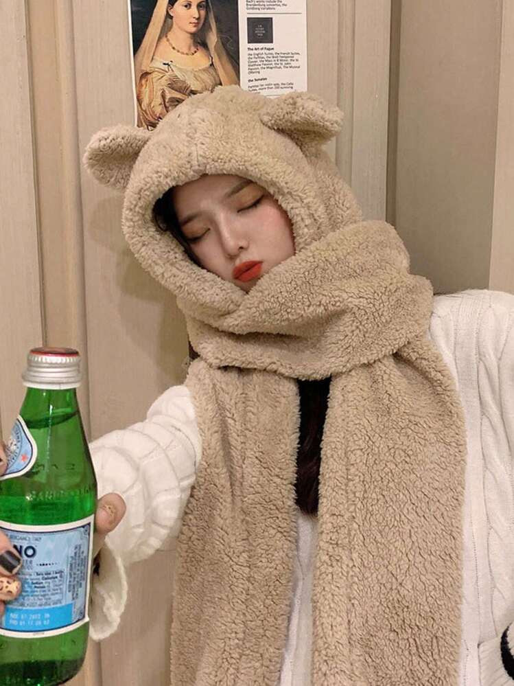 Solid Cartoon Bear Design Fuzzy Hat Cute Winter Fall | SHEIN