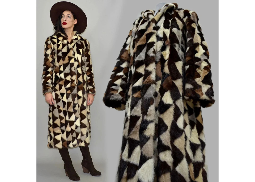 Vintage Geometric Mosaic Tessellation Embroidered Box Coat Tent Parka Real Mink Fur Multicolor Ru... | Etsy (US)