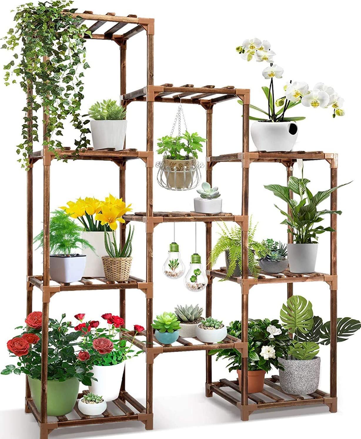 Plant Stand Indoor Outdoor,CFMOUR 10 Tire Tall Large Wood Plant Shelf Multi Tier Flower Stands,Ga... | Amazon (US)