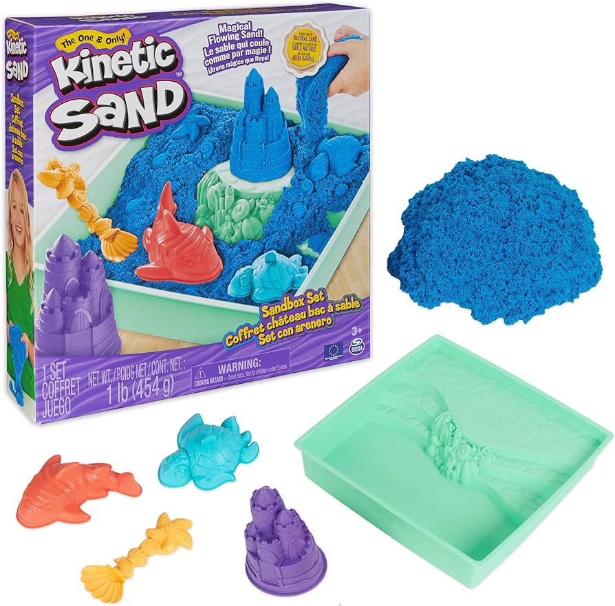 Kinetic Sand Sandbox Set, 1lb Blue Play Sand, Sandbox Storage, 4 Molds and Tools, Sensory Toys fo... | Amazon (US)