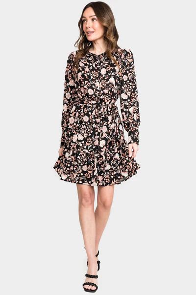 Blouson Long Sleeve Button Front Belted Dress | Gibson