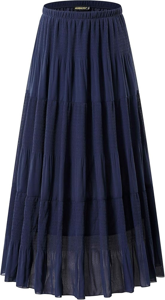 NASHALYLY Women's Chiffon Elastic High Waist Pleated A-Line Flared Maxi Skirts | Amazon (US)