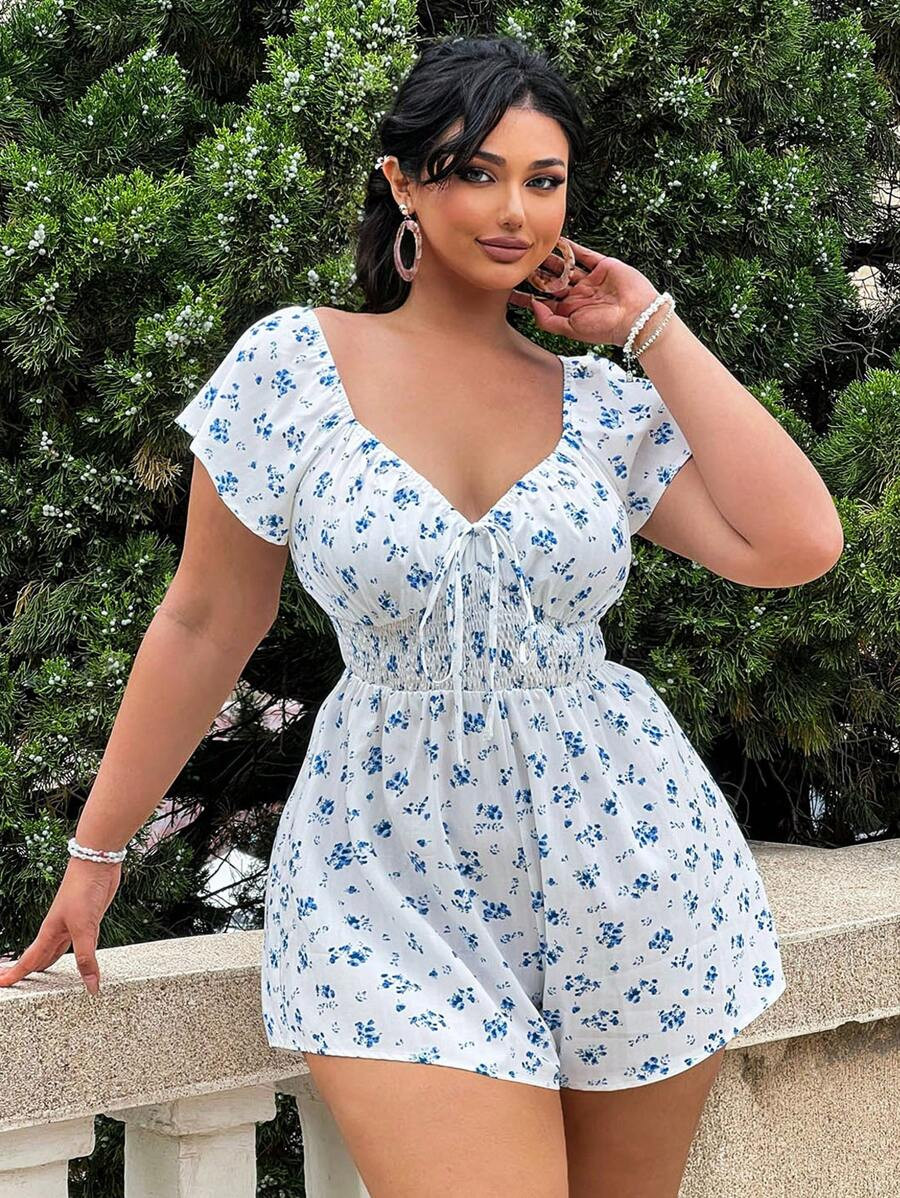 Sunnyshic Plus Size Boho Floral Printed Digital Tie Waist Romper, For Summer | SHEIN