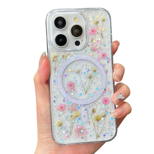 ASONCE Cute Real Flowers for iPhone 16 Pro Case [Compatible with MagSafe] Glitter Magnetic Cover with Pressed Dried Floral Phone Case for Girly and Women - Clear Sparkly | Amazon (US)