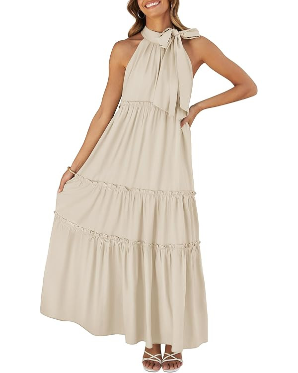 ZESICA Womens Summer Boho Halter Maxi Dresses 2024 Casual Sleeveless Pleated Tiered Flowy Beach V... | Amazon (US)