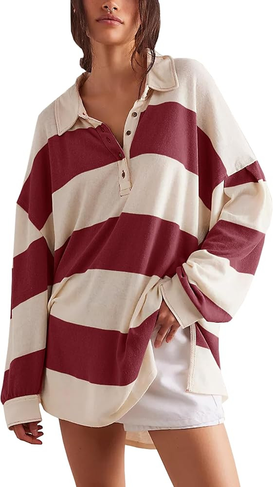 Women Striped Oversized Sweatshirt Long Sleeve Button Shirt Fall Fashion Hoodies Pullover Tops | Amazon (US)