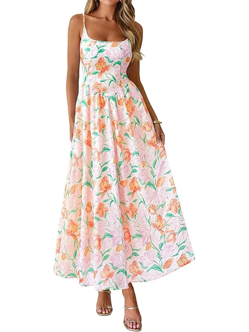 PRETTYGARDEN Womens Spring Boho Maxi Dress Eyelet Floral Long Flowy Sundresses Summer Beach Vacat... | Walmart (US)