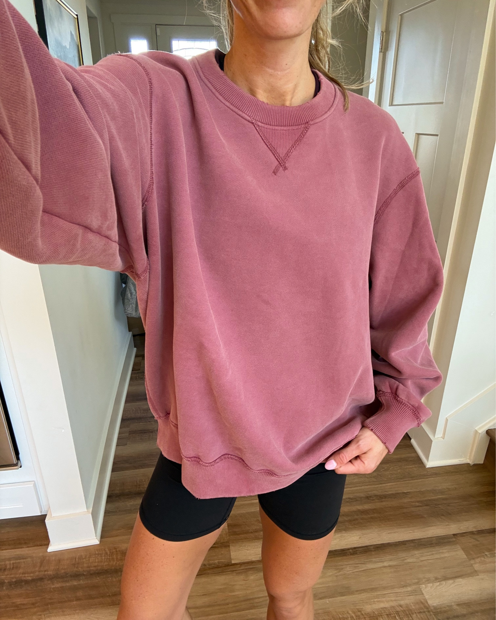 Postpartum mom outfit I wore today, 
Size medium tall in sweatshirt (runs oversized)
Small in bike shorts


@abercrombie 

#LTKmomlife #LTKdayinmylife #LTKootd