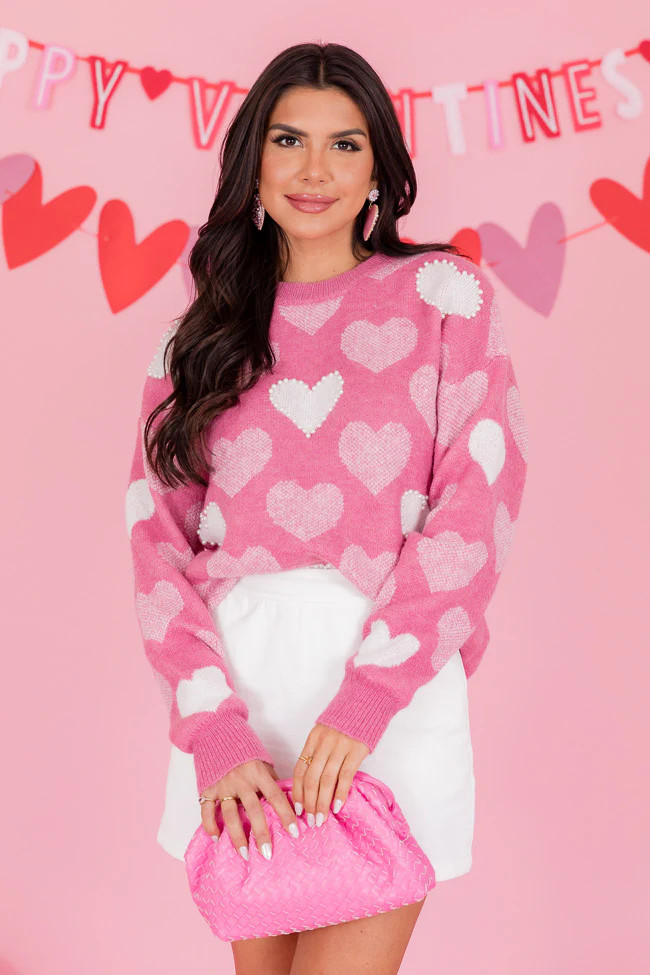 That Loving Feeling Pink Heart Pearl Detail Sweater | Pink Lily