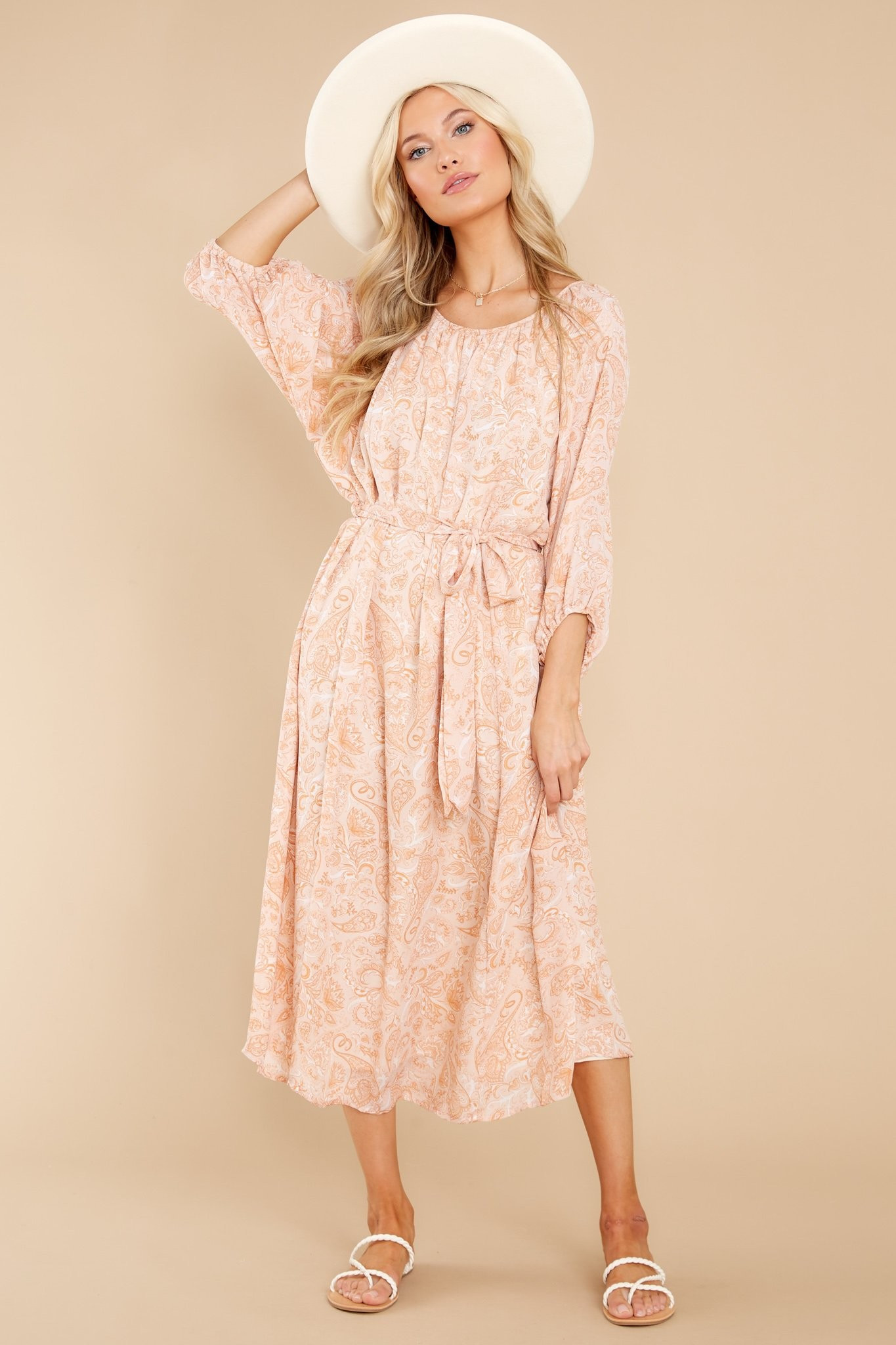 Sunlit Reverie Apricot Print Midi Dress | Red Dress 