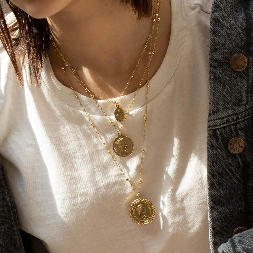 Coin Necklace Gold Layered Necklace 18K Gold Plated Medallion Coin Pendant Vintage Dainty Layered... | Amazon (US)