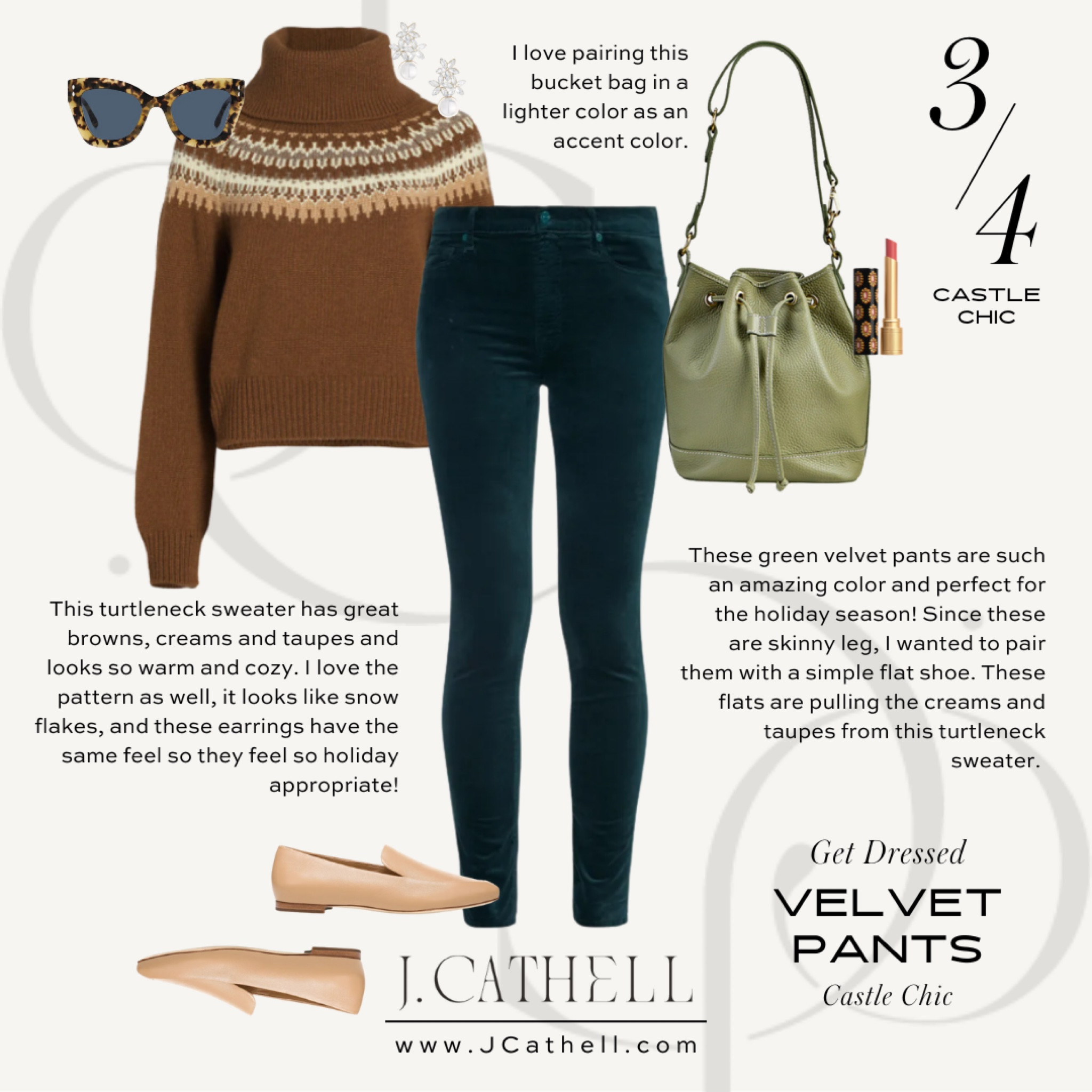 Dark green/teal velvet pants, a sweater, pop of green on the bag and neutral flats.

#LTKshoecrush #LTKitbag #LTKstyletip