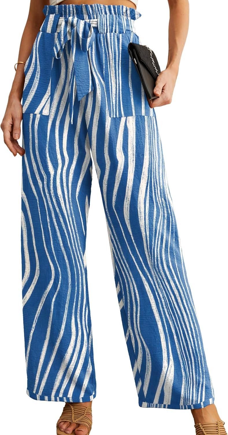 IWOLLENCE Women's Wide Leg Pants with Pockets High Waist Adjustable Knot Loose Casual Trousers Bu... | Amazon (US)