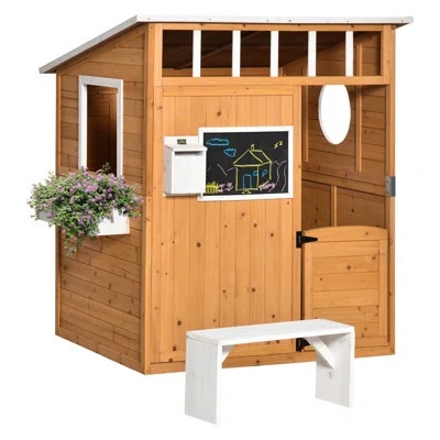 Outsunny Kids Wooden Playhouse Outdoor, Backyard Playhouse with Working Door, Windows, Mailbox & Bench, Yellow Wooden Play Structure for Children 3-8 | Wayfair North America