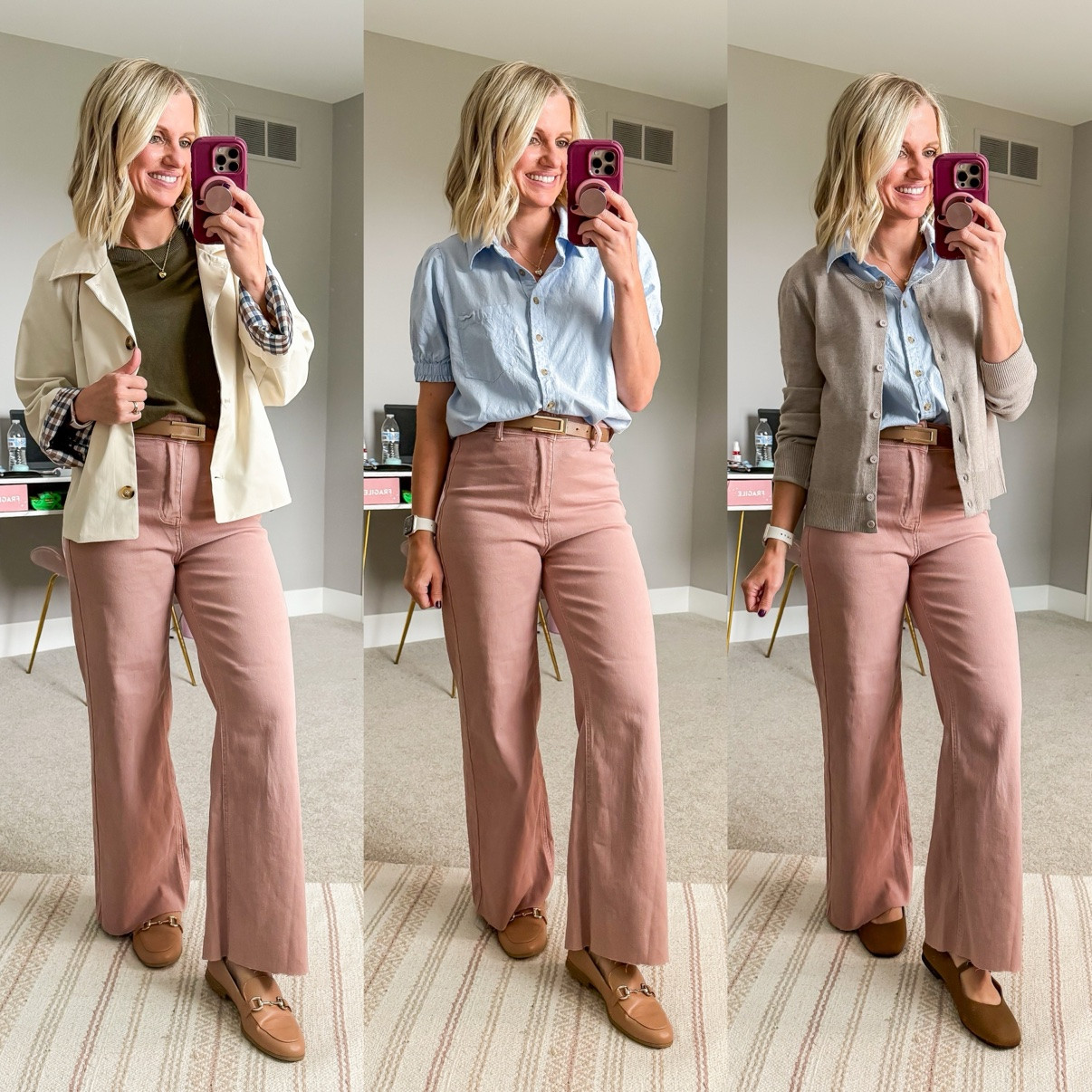 Fall Capsule 2026 🍂 Three ways I'm styling my pink corduroy wide-leg pants! This is look 2 of 8 with this piece — my 20-piece capsule mixes and matches into 120 outfits. Which one is your favorite?! Shop the pieces on my LTK! 🤎 

 #fallcapsulewardrobe #capsulewardrobe #falloutfits #fallfashion #petitestyle #affordablefashion #ltkstyle #ltkfall