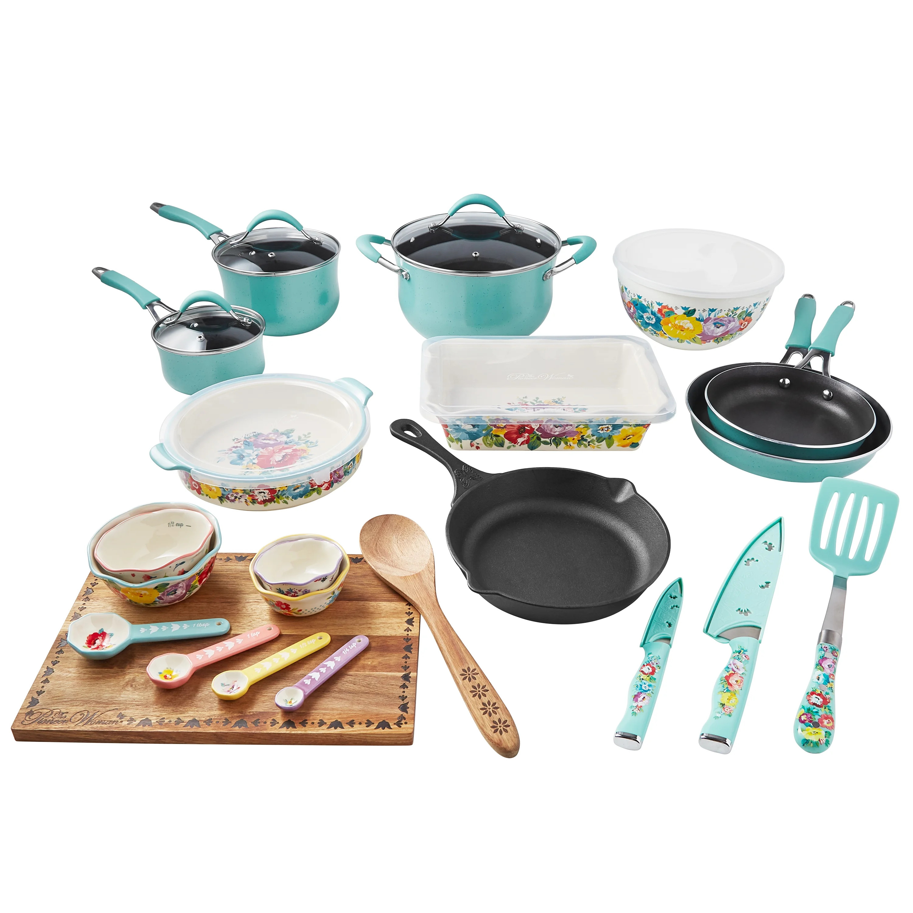 The Pioneer Woman Sweet Romance 30-Piece Nonstick Cookware Set, Turquoise - Walmart.com | Walmart (US)