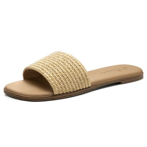 Athlefit Tan Raffia Sandals Flat Square Toe Beach Slide Sandals Size 9.5 | Amazon (US)
