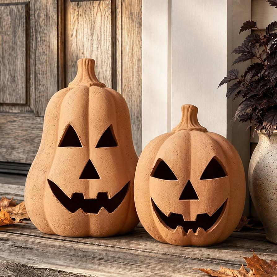 Halloween Decorations, Set of 2 Handmade Terracotta Jack O' Lanterns | Amazon (US)