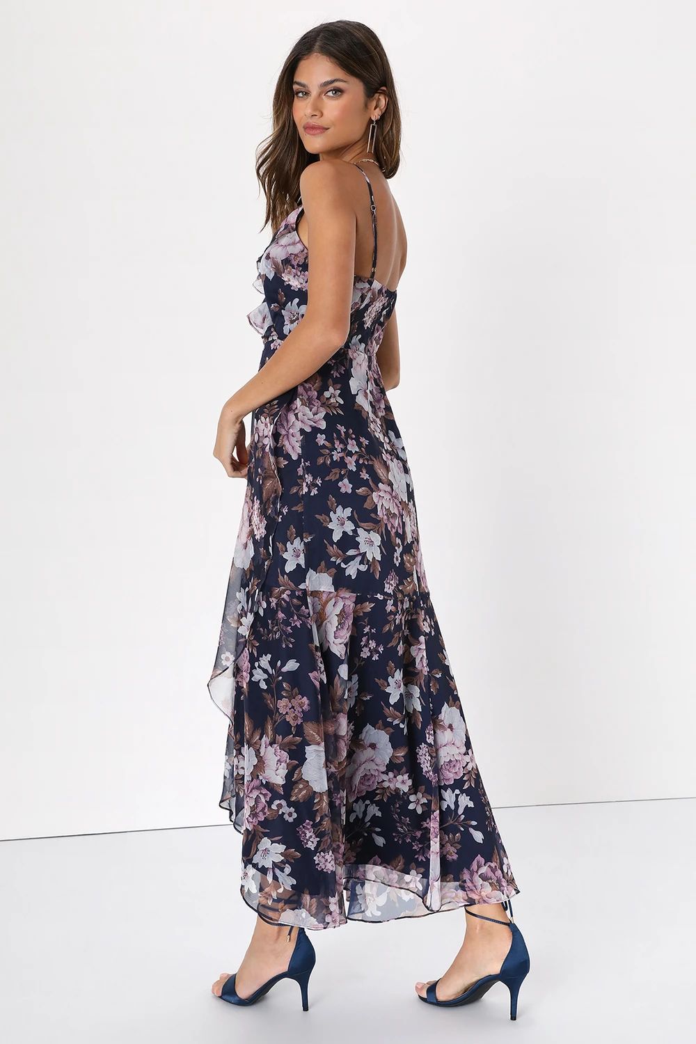 Dainty Love Navy Blue Floral Ruffled High-Low Faux-Wrap Dress | Lulus (US)