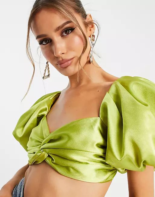 Yaura twist front puff sleeve top co-ord in lime green | ASOS (Global)
