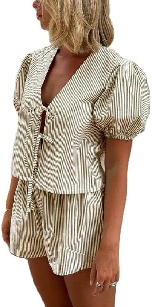 Yuemengxuan Women Striped Casual Lounge Set 2 Piece Pajamas Set Short Puff Sleeve Tie front Shirt... | Amazon (US)