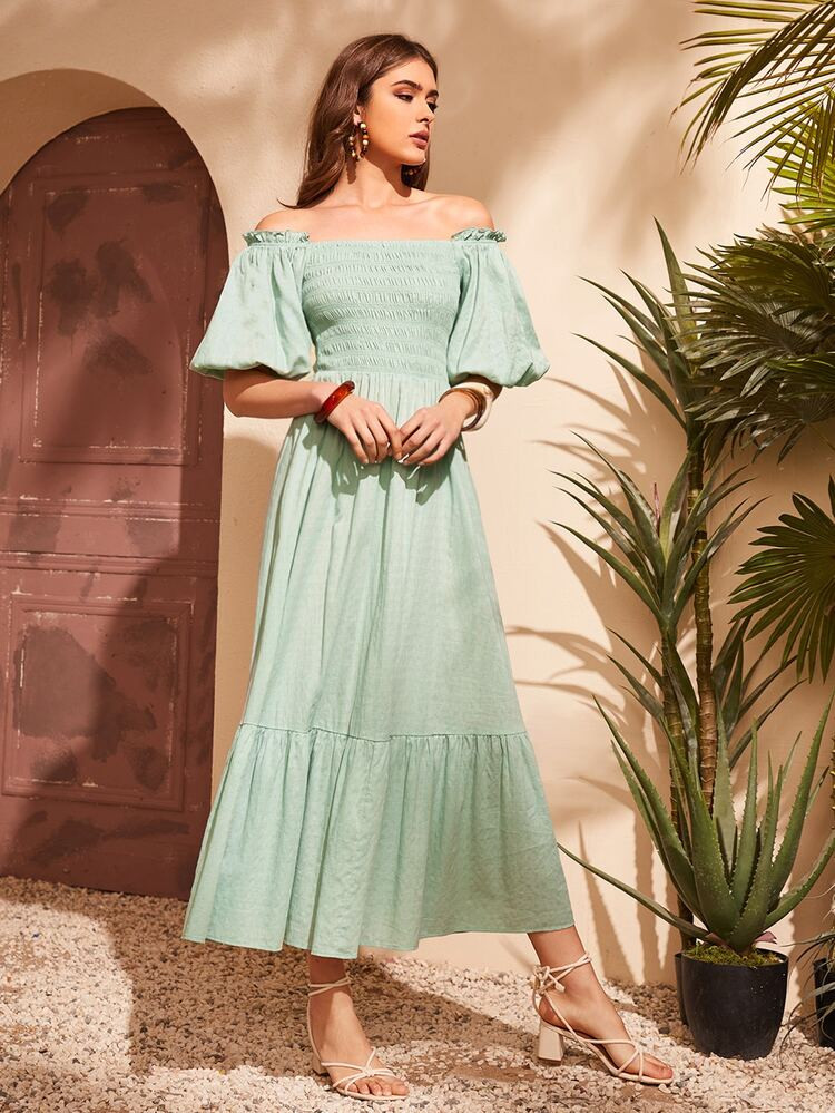 SHEIN Off Shoulder Shirred Puff Sleeve Ruffle Hem Dress | SHEIN