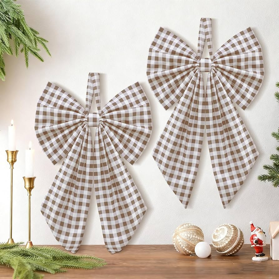 2 Pcs Beige Buffalo Plaid Christmas Wreath Bows 19.6'' x 11.8'' Large Christmas Tree Topper Ornam... | Amazon (US)