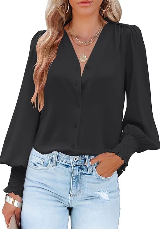 Aifer Womens Blouse Lantern Long Sleeve Dressy Casual Tops V Neck Button Down Shirts Blouses 2024 | Amazon (US)