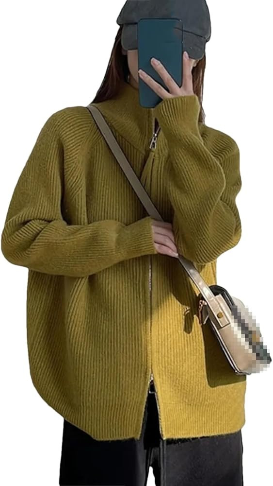 Women Solid Double Zipper Knit Sweater Turtleneck Long Sleeve Casual Cardigan Coat Top | Amazon (US)