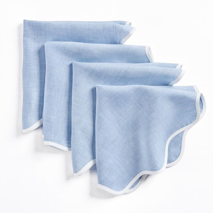Solino Home Scallop Linen Dinner Napkins 20 Inch - 100% Pure Linen White and Chambray Blue Round ... | Amazon (US)