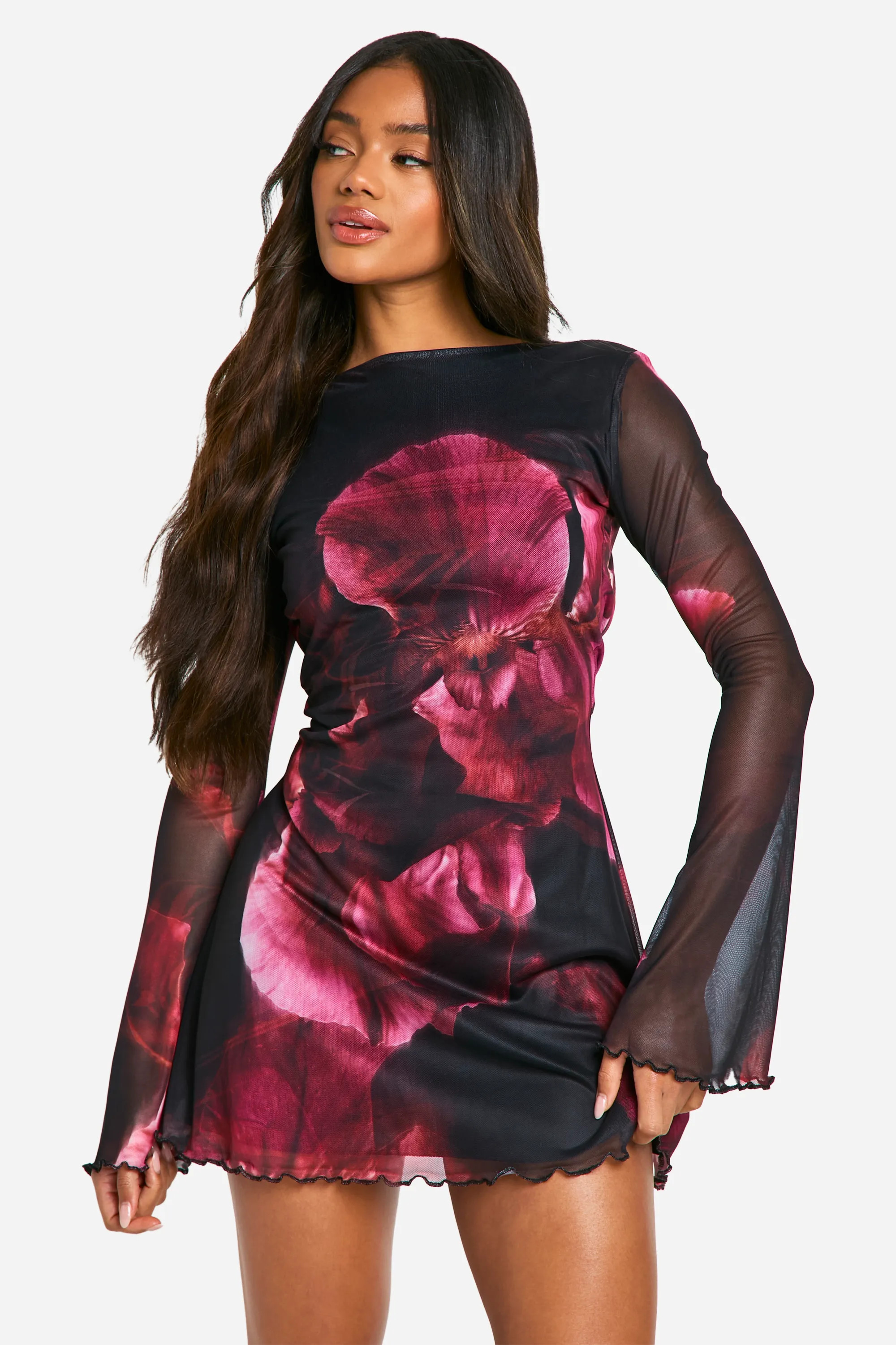 Dresses | Blur Floral Mesh Flare Sleeve Mini Dress | boohoo | Boohoo.com (UK & IE)