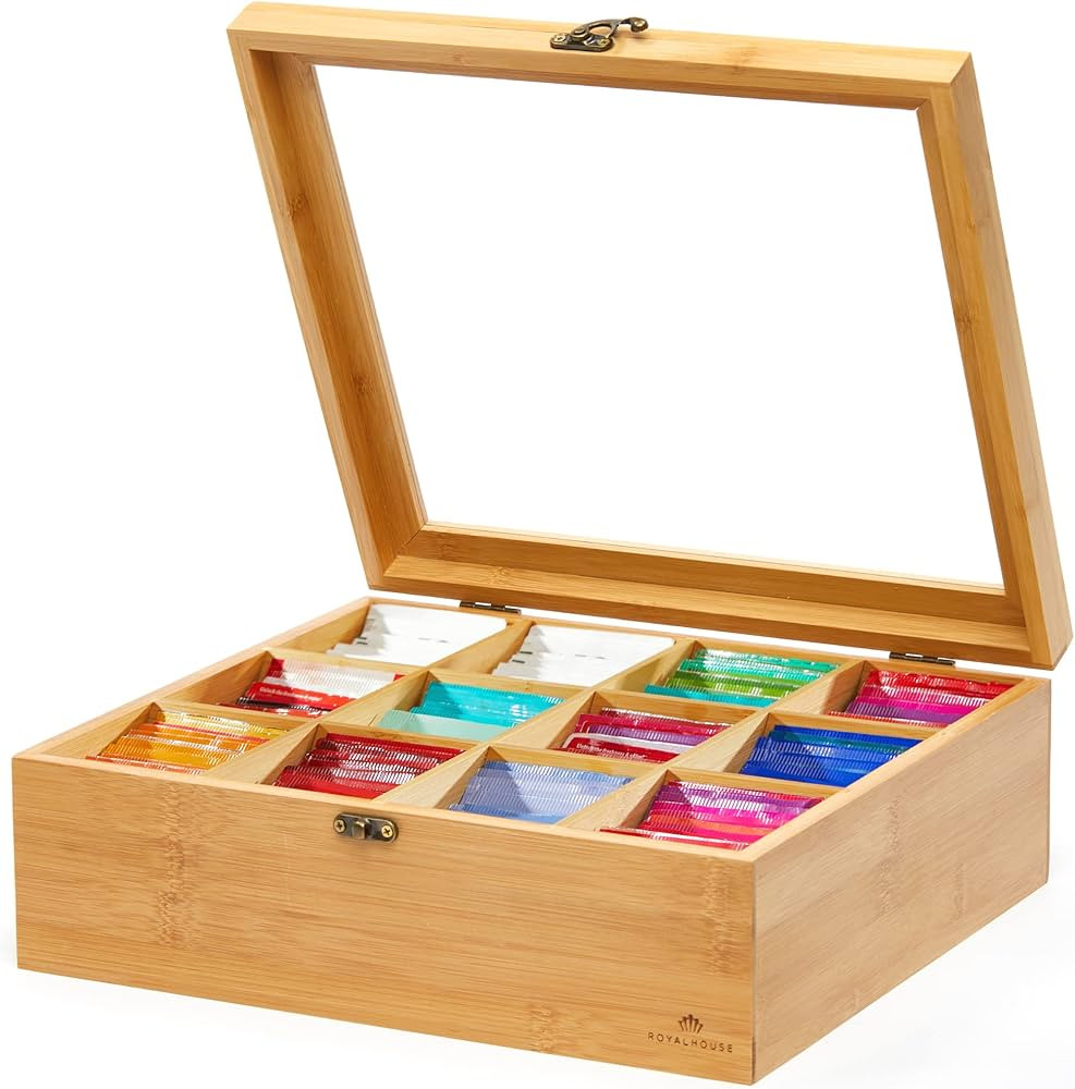 RoyalHouse Big Natural Bamboo Tea Storage Organizer with Clear Acrylic Top Window, 12 Compartment... | Amazon (US)