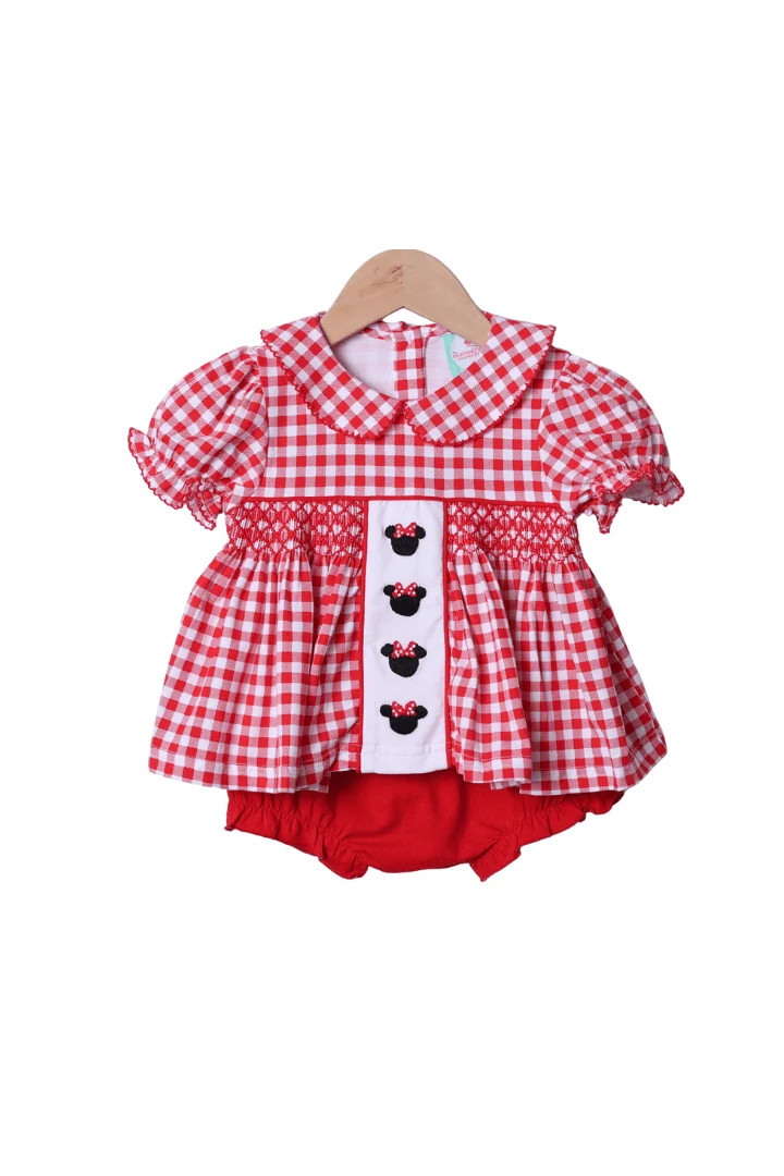 Hand Embroidered Mouse Red Gingham Knit Bloomer Set | The Smocked Flamingo