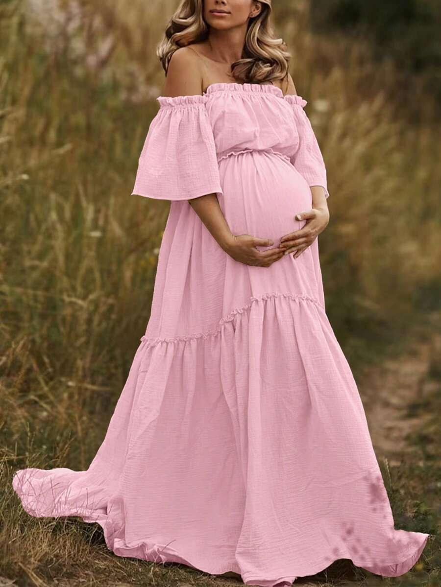Pink Maternity Off-Shoulder Layered Short Sleeve Chiffon Dress With Ruffled Hem, Suitable For Spe... | SHEIN