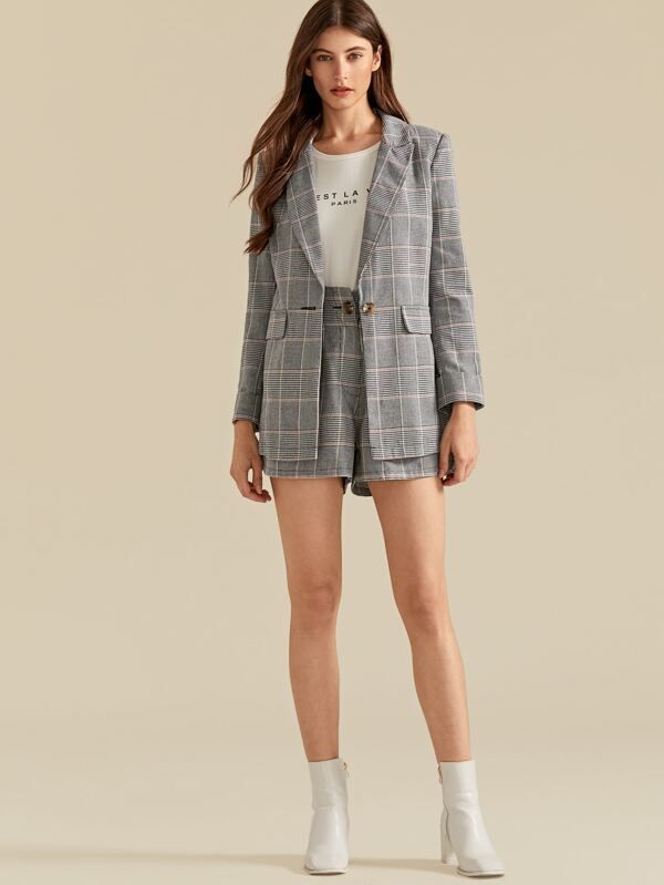 SHEIN Premium Notched Collar Plaid Blazer & Shorts Set | SHEIN